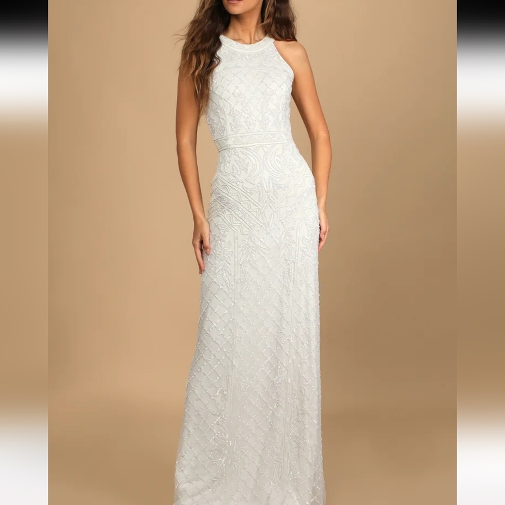 Lulus- All the Romance - White - Beaded Sequin Halter Mermaid Maxi Dress